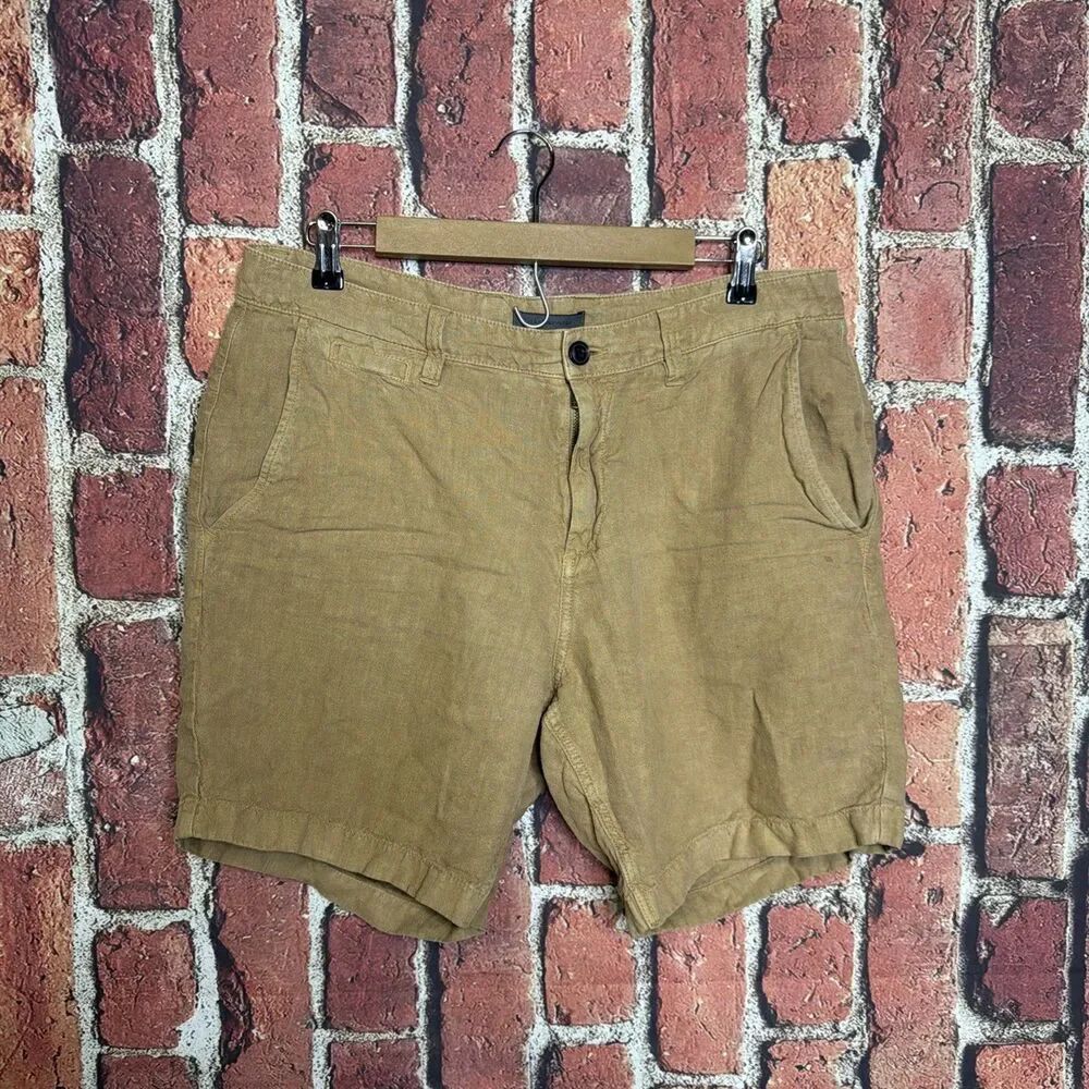 John Varvatos Shorts Mens 33 Beige Tan Linen Lyocell Button Beach Pool